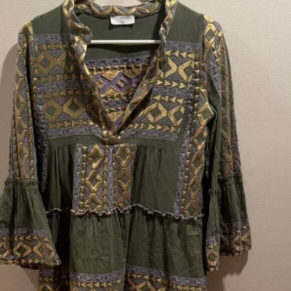 Anthropologie Lace the Label Green and Gold Mini Dress with Bell Sleeves XS - Picture 1 of 6